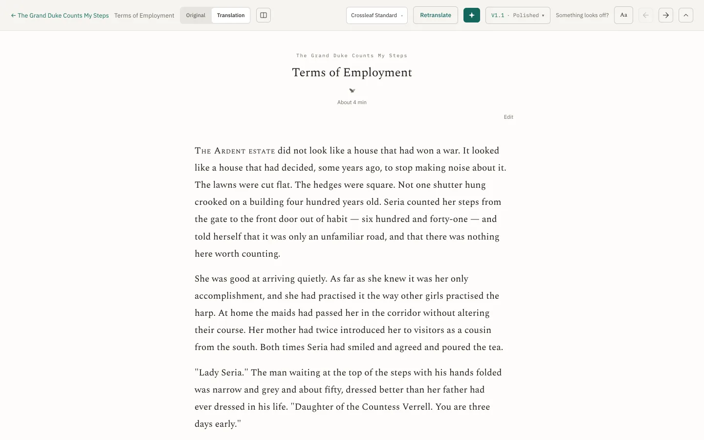A chapter read on its own: English across the full width of the page